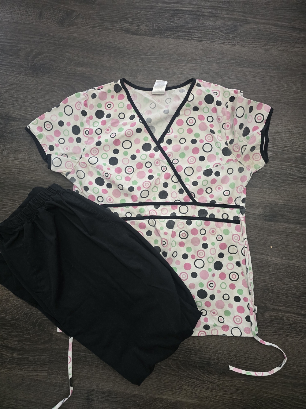 Women’s Polka Dot Scrub Top and Black Pants Set